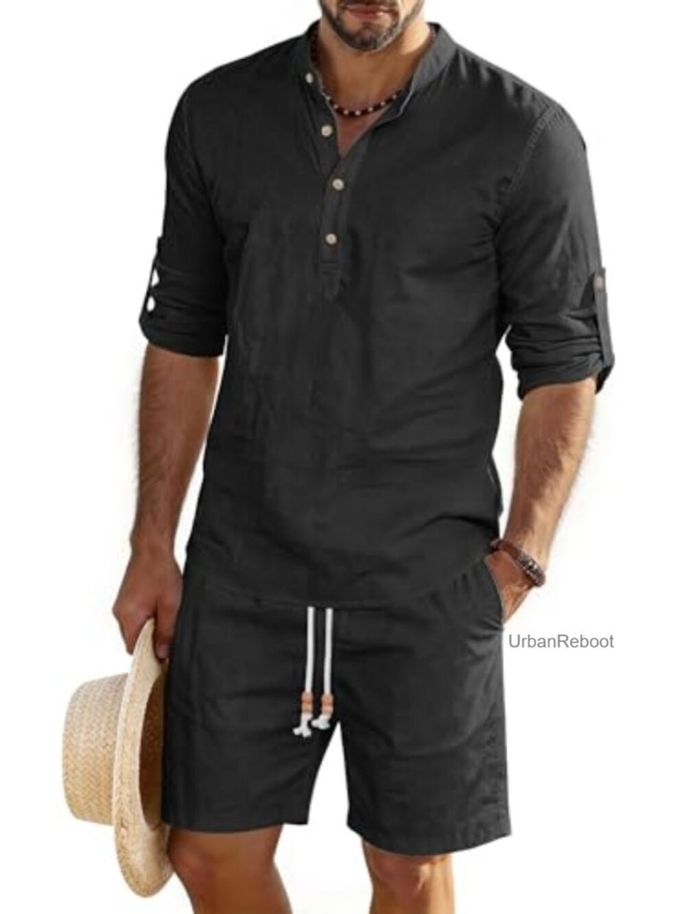 Men's Linen Cotton 2 Piece Henley Set with Shorts Beach Vacation Outfit